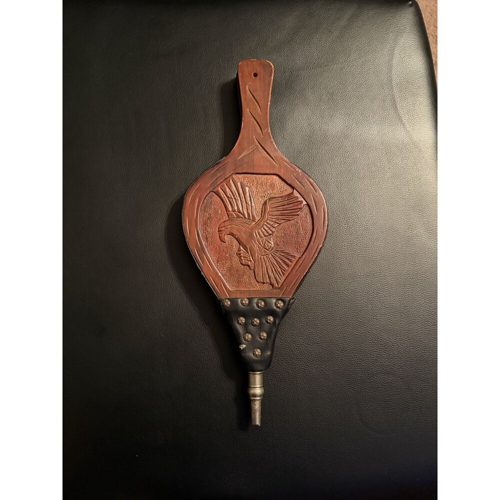 Antique Wood Leather Fireplace Bellow with Eagle Design, Durable, Metal Nozzle